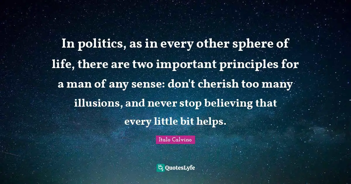 In politics, as in every other sphere of life, there are two important principles for a man of any sense: don't cherish too many illusions, and never stop believing that every little bit helps.
