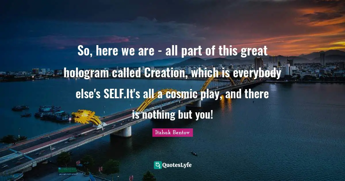 So, here we are - all part of this great hologram called Creation, which is everybody else's SELF.It's all a cosmic play, and there is nothing but you!