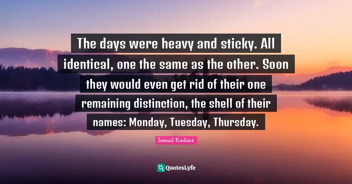 Distinction Quotes: "The days were heavy and sticky. All identical, one the same as the other. Soon they would even get rid of their one remaining distinction, the shell of their names: Monday, Tuesday, Thursday."