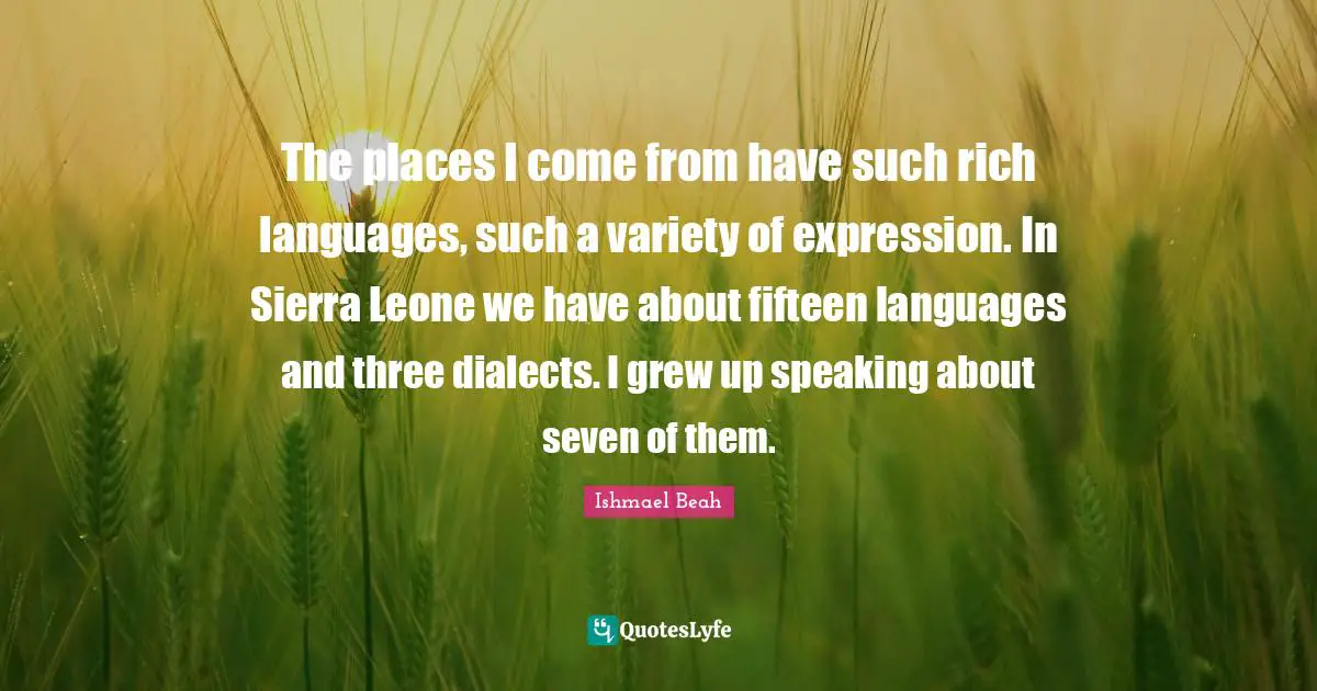 Dialect Quotes: "The places I come from have such rich languages, such a variety of expression. In Sierra Leone we have about fifteen languages and three dialects. I grew up speaking about seven of them."