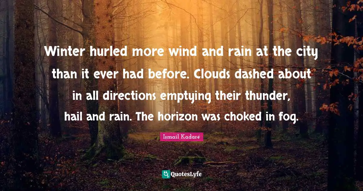 Thunder Quotes: "Winter hurled more wind and rain at the city than it ever had before. Clouds dashed about in all directions emptying their thunder, hail and rain. The horizon was choked in fog."