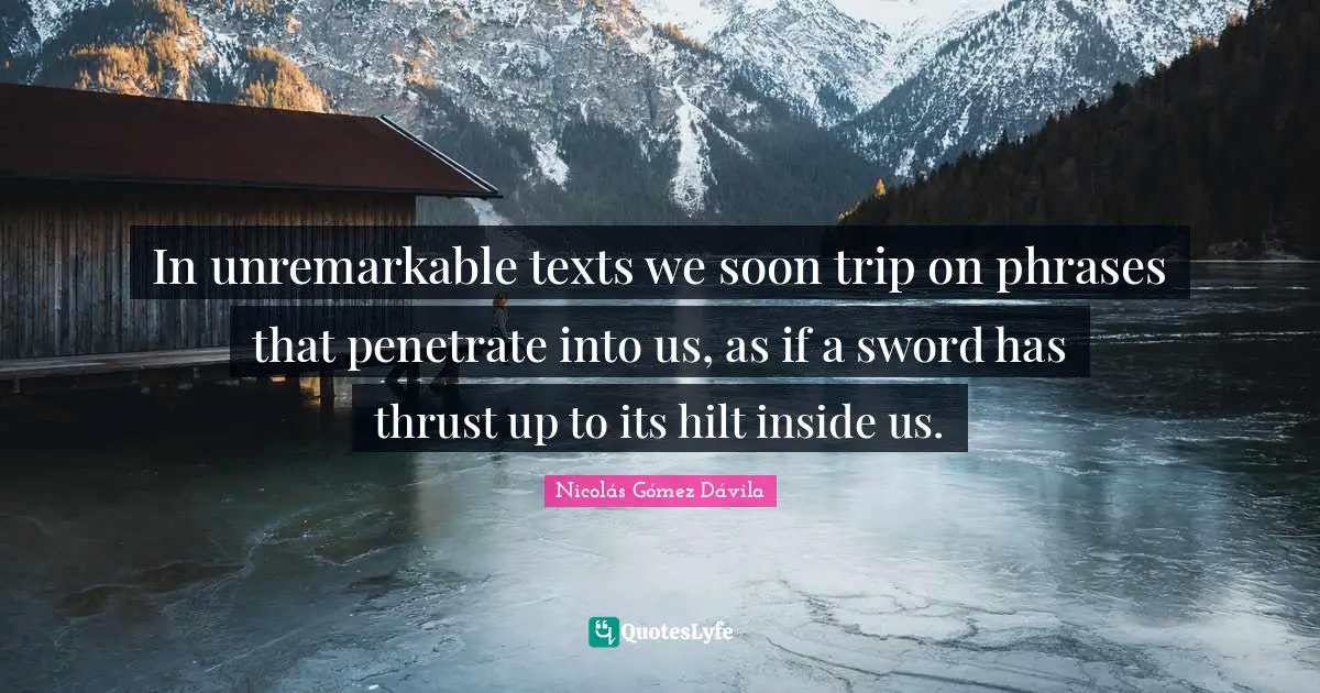 In unremarkable texts we soon trip on phrases that penetrate into us, as if a sword has thrust up to its hilt inside us.
