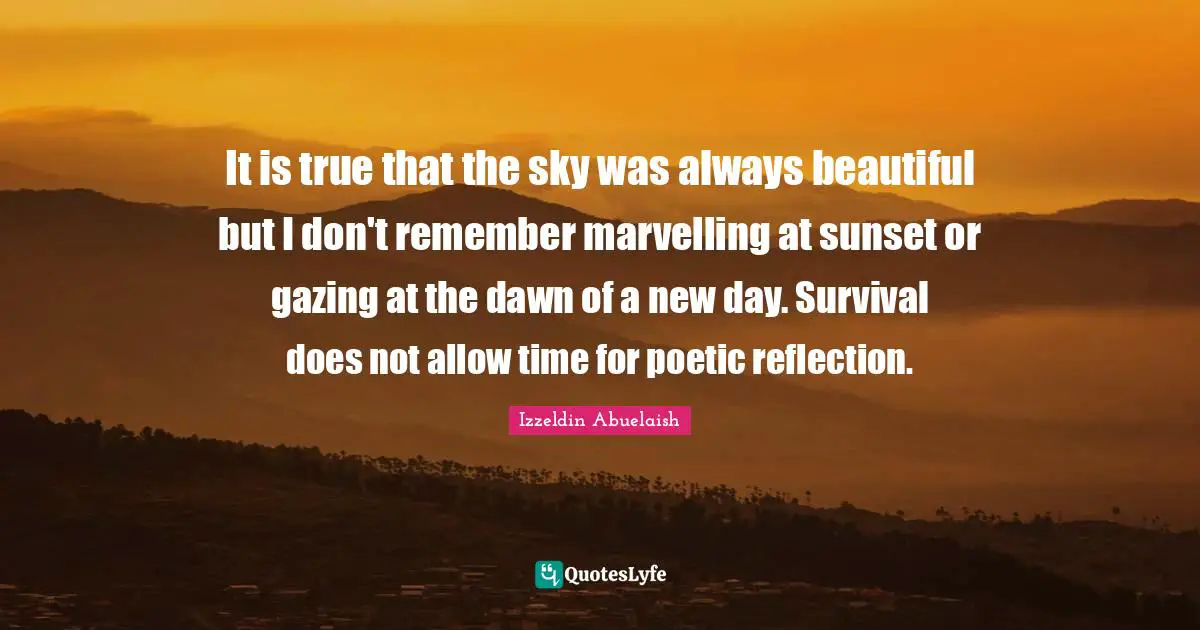 Gazing Quotes: "It is true that the sky was always beautiful but I don't remember marvelling at sunset or gazing at the dawn of a new day. Survival does not allow time for poetic reflection."