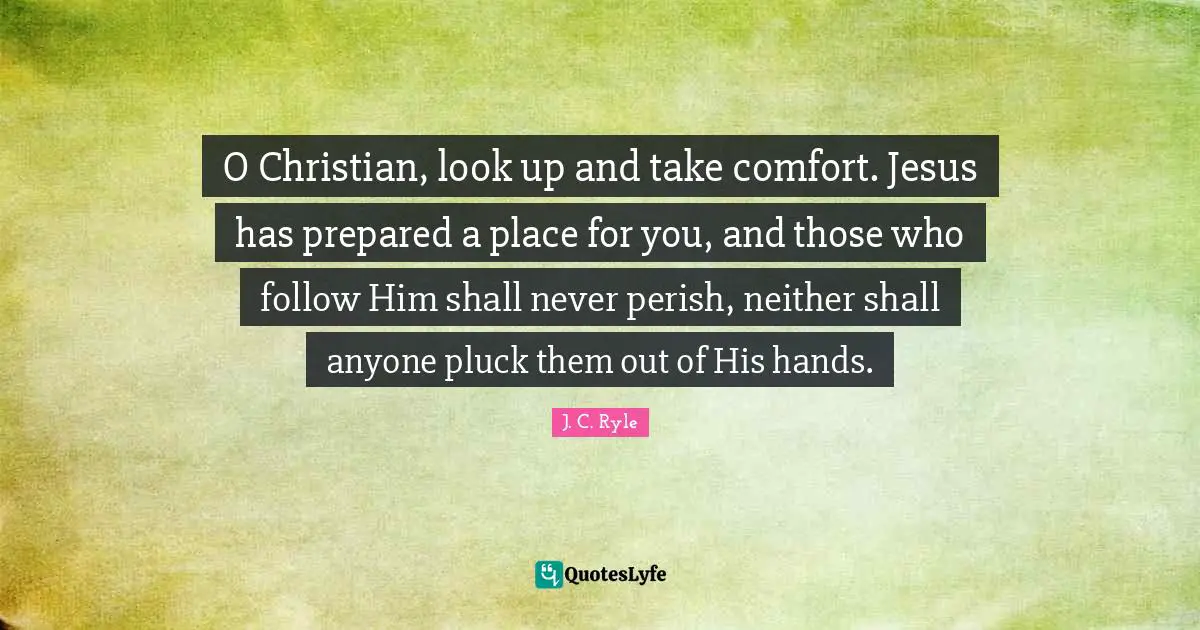 O Christian, look up and take comfort. Jesus has prepared a place for you, and those who follow Him shall never perish, neither shall anyone pluck them out of His hands.