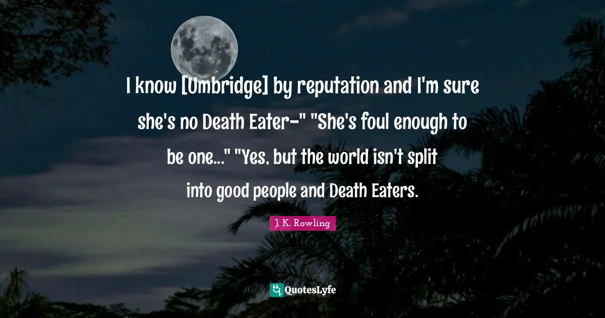 I know [Umbridge] by reputation and I'm sure she's no Death Eater-" "She's foul enough to be one..." "Yes, but the world isn't split into good people and Death Eaters.
