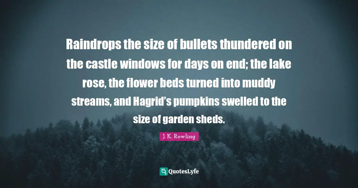 Raindrops Quotes: "Raindrops the size of bullets thundered on the castle windows for days on end; the lake rose, the flower beds turned into muddy streams, and Hagrid’s pumpkins swelled to the size of garden sheds."