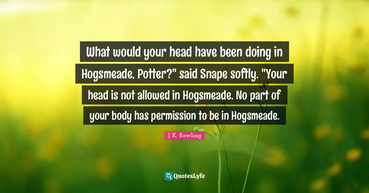 What would your head have been doing in Hogsmeade, Potter?" said Snape softly. "Your head is not allowed in Hogsmeade. No part of your body has permission to be in Hogsmeade.