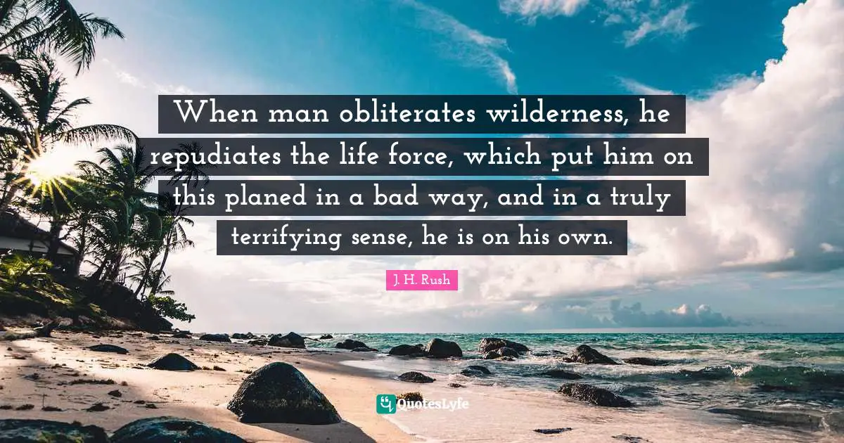 When man obliterates wilderness, he repudiates the life force, which put him on this planed in a bad way, and in a truly terrifying sense, he is on his own.