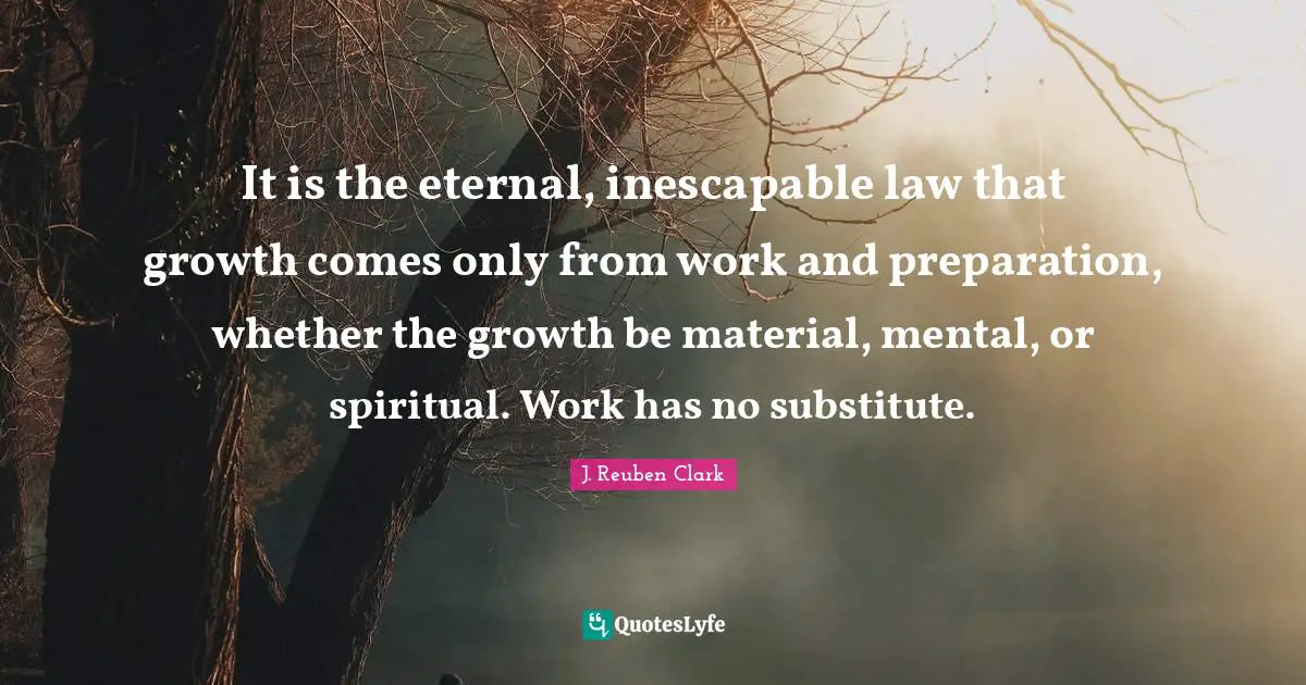 It is the eternal, inescapable law that growth comes only from work and preparation, whether the growth be material, mental, or spiritual. Work has no substitute.