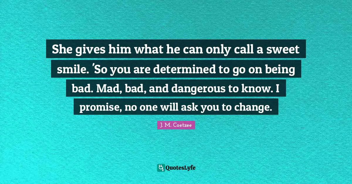 She gives him what he can only call a sweet smile. 'So you are determined to go on being bad. Mad, bad, and dangerous to know. I promise, no one will ask you to change.