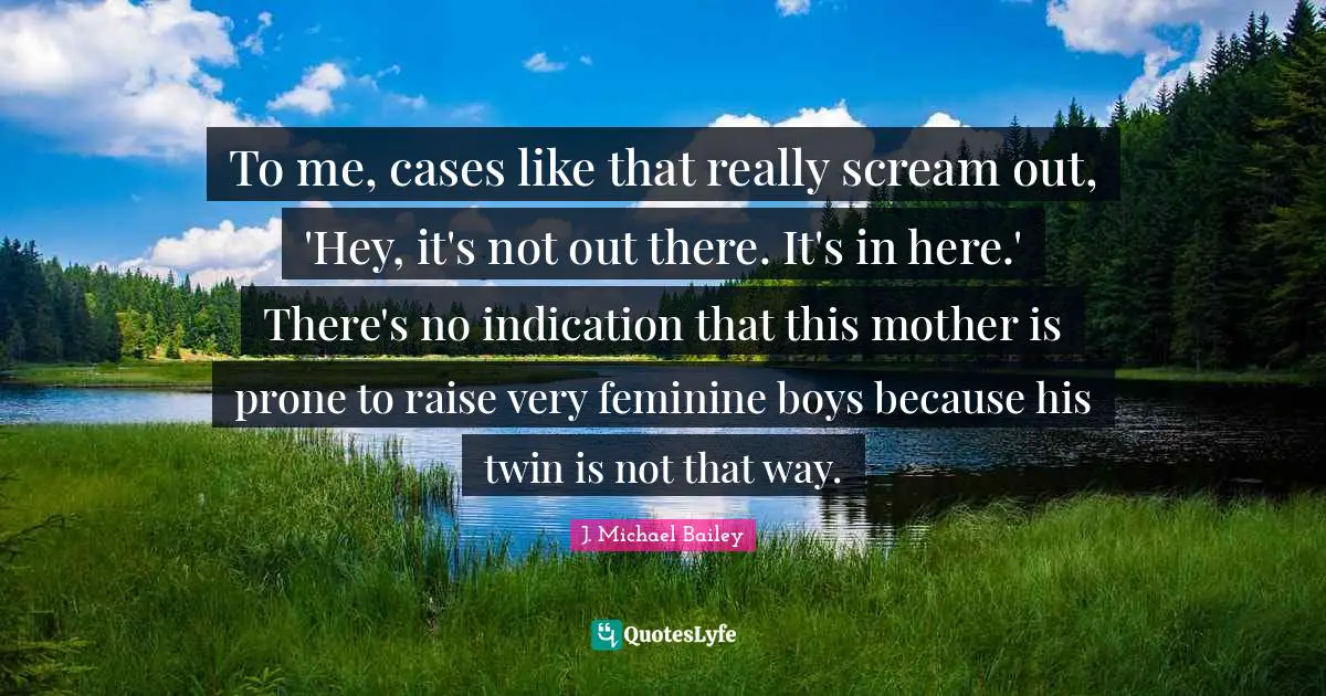 To me, cases like that really scream out, 'Hey, it's not out there. It's in here.' There's no indication that this mother is prone to raise very feminine boys because his twin is not that way.