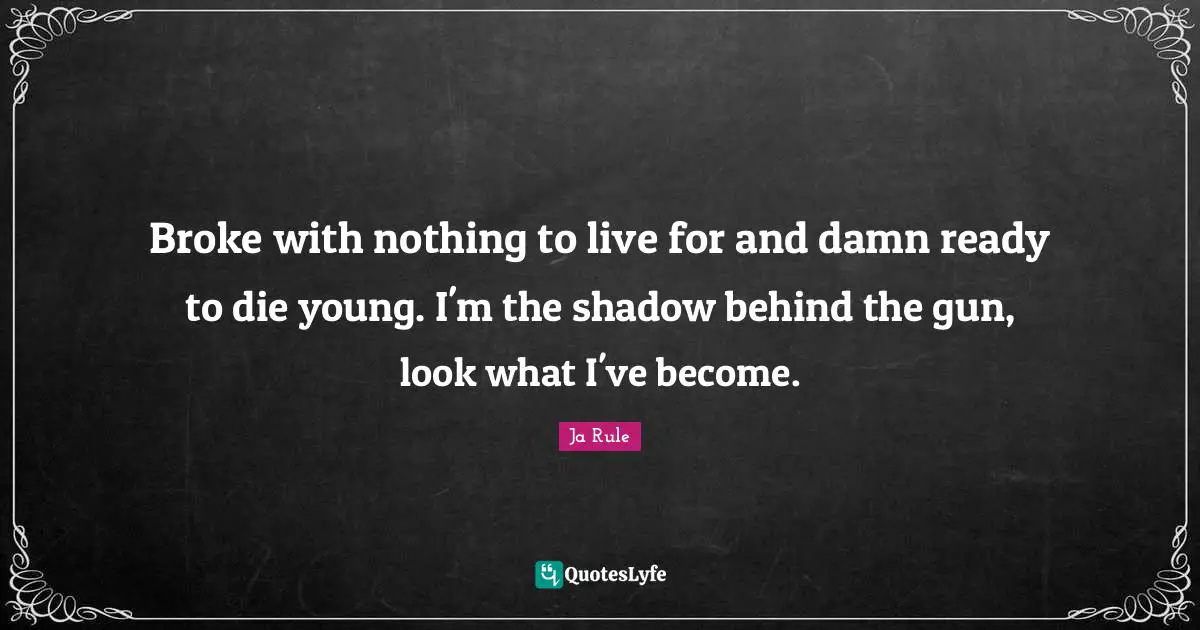 Broke with nothing to live for and damn ready to die young. I'm the shadow behind the gun, look what I've become.