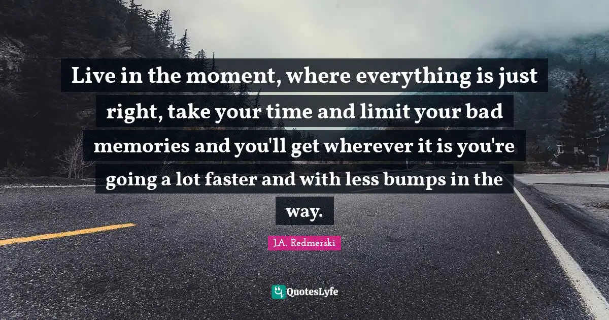 Bumps Quotes: "Live in the moment, where everything is just right, take your time and limit your bad memories and you'll get wherever it is you're going a lot faster and with less bumps in the way."
