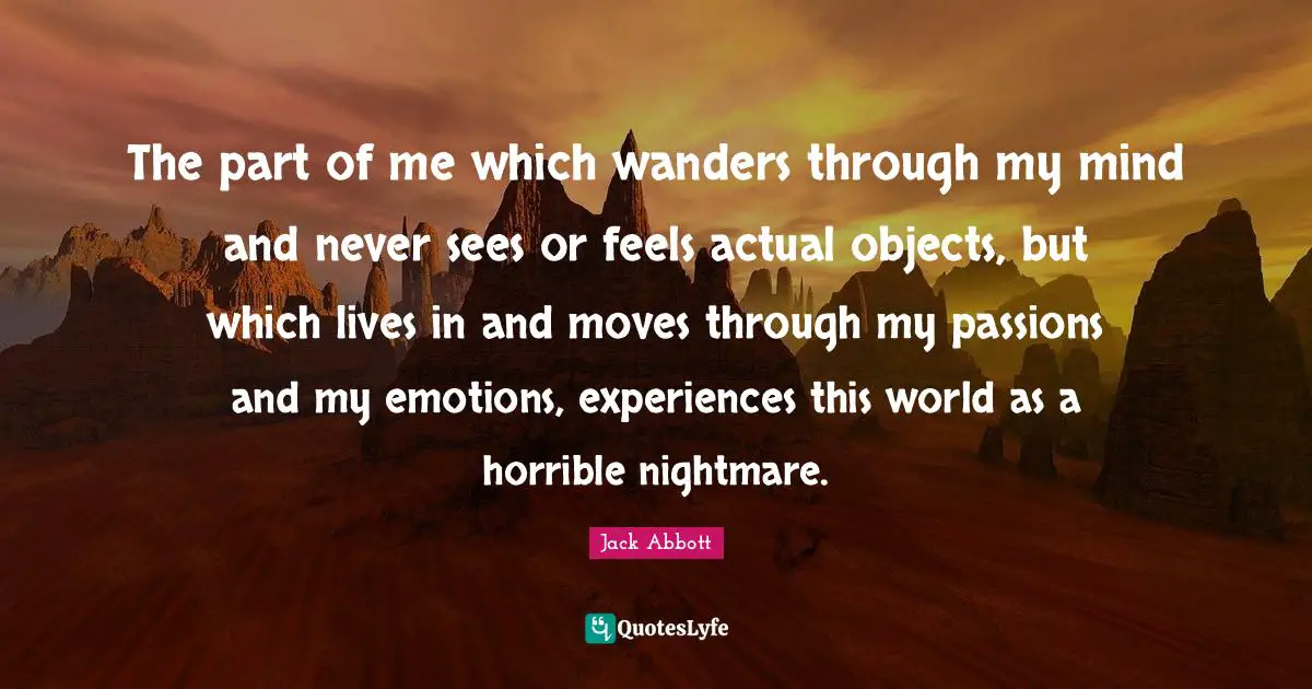 The part of me which wanders through my mind and never sees or feels actual objects, but which lives in and moves through my passions and my emotions, experiences this world as a horrible nightmare.