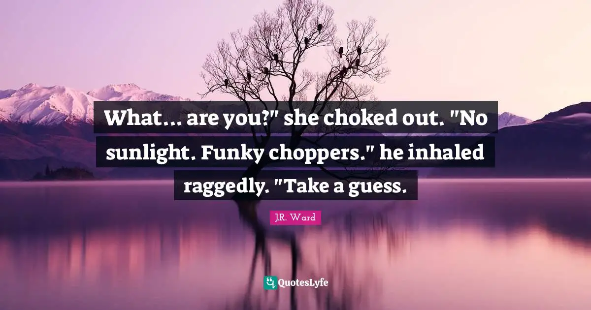 What... are you?" she choked out. "No sunlight. Funky choppers." he inhaled raggedly. "Take a guess.