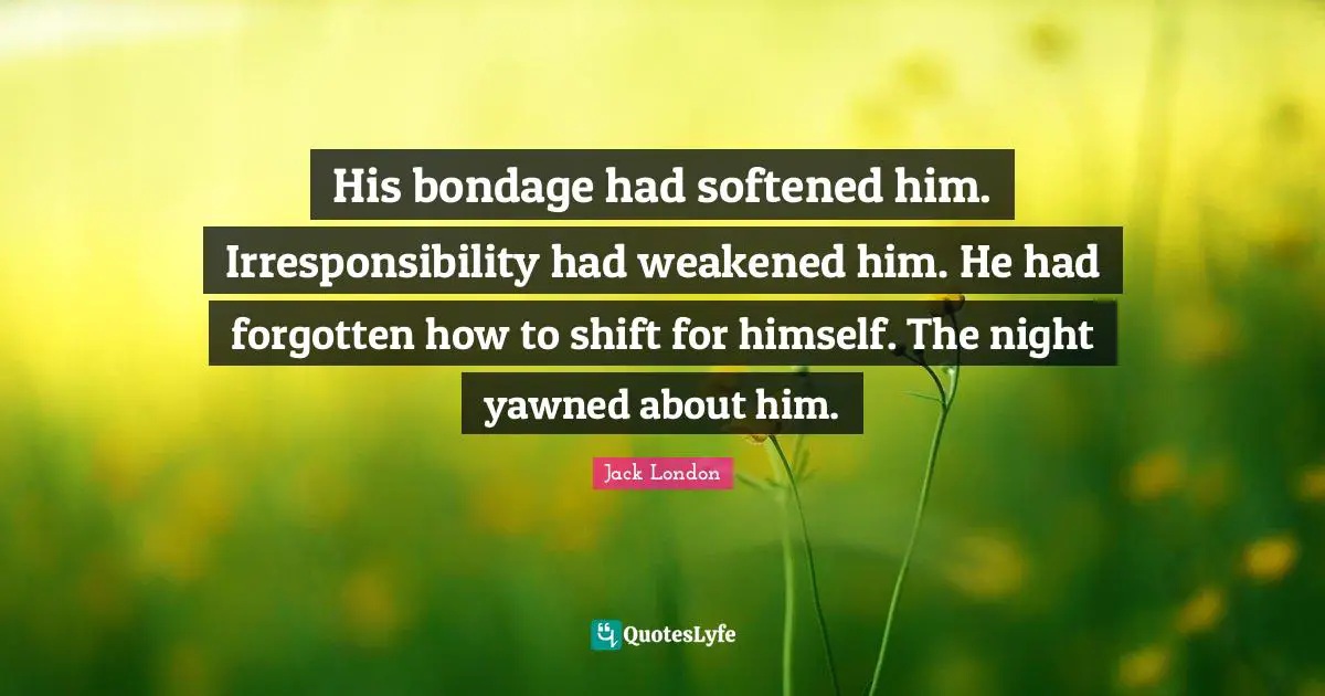 His bondage had softened him. Irresponsibility had weakened him. He had forgotten how to shift for himself. The night yawned about him.