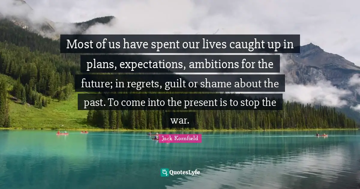Jack Kornfield Quotes: Most of us have spent our lives caught up in plans, expectations, ambitions for the future; in regrets, guilt or shame about the past. To come into the present is to stop the war.