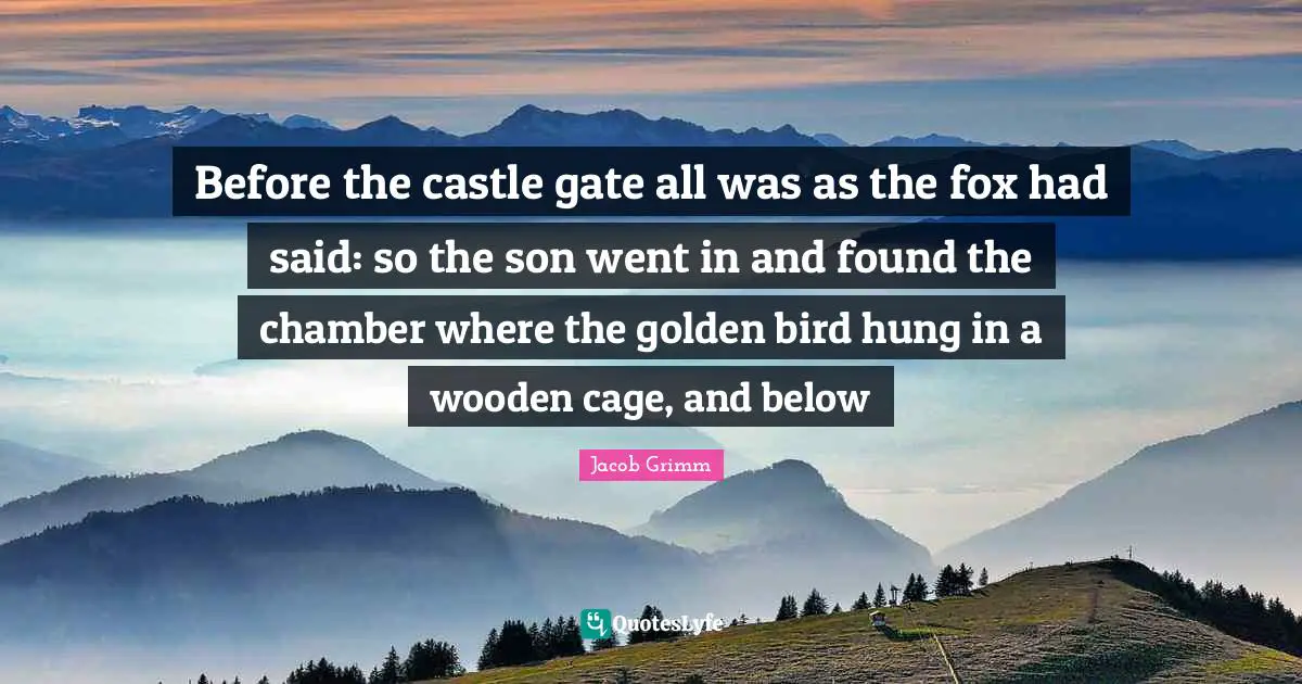 Before the castle gate all was as the fox had said: so the son went in and found the chamber where the golden bird hung in a wooden cage, and below
