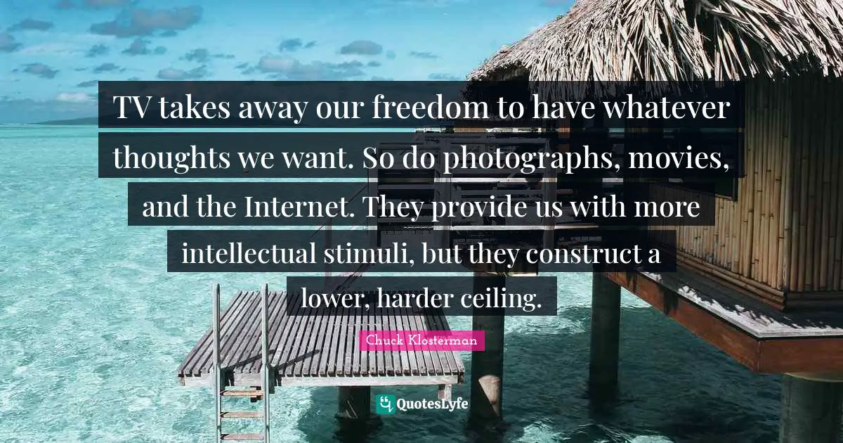 TV takes away our freedom to have whatever thoughts we want. So do photographs, movies, and the Internet. They provide us with more intellectual stimuli, but they construct a lower, harder ceiling.