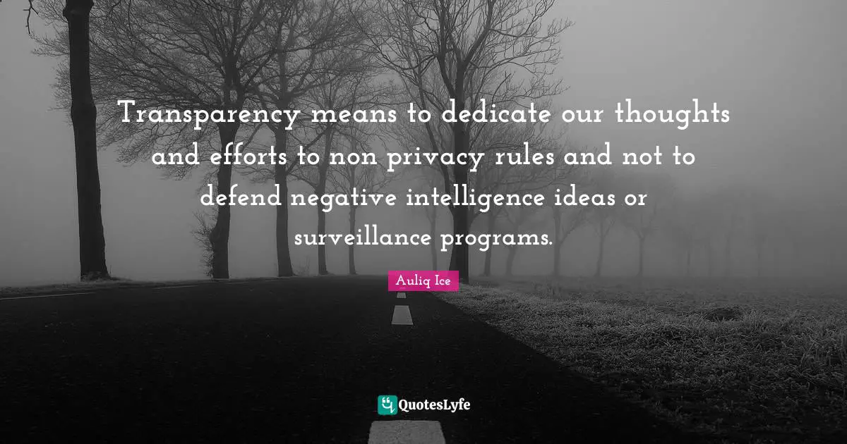 Transparency means to dedicate our thoughts and efforts to non privacy rules and not to defend negative intelligence ideas or surveillance programs.