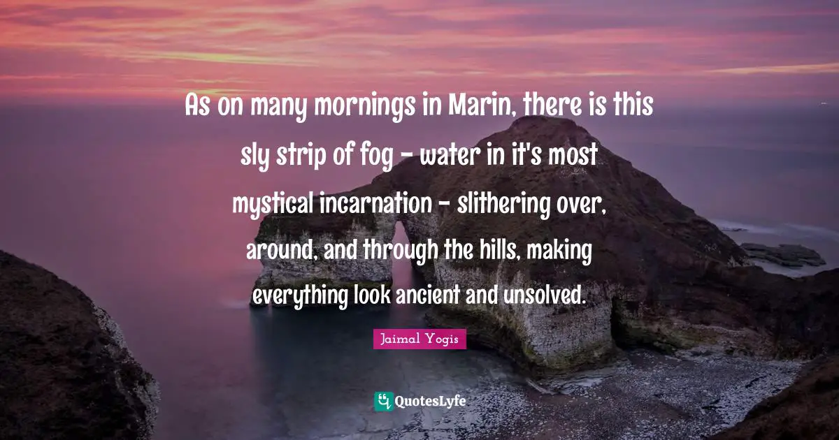Sly Quotes: "As on many mornings in Marin, there is this sly strip of fog - water in it's most mystical incarnation - slithering over, around, and through the hills, making everything look ancient and unsolved."