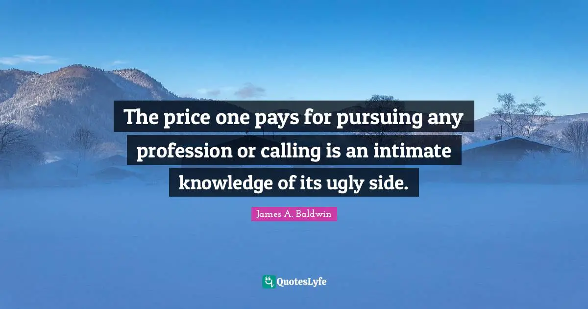 James A. Baldwin Quotes: "The price one pays for pursuing any profession or calling is an intimate knowledge of its ugly side."