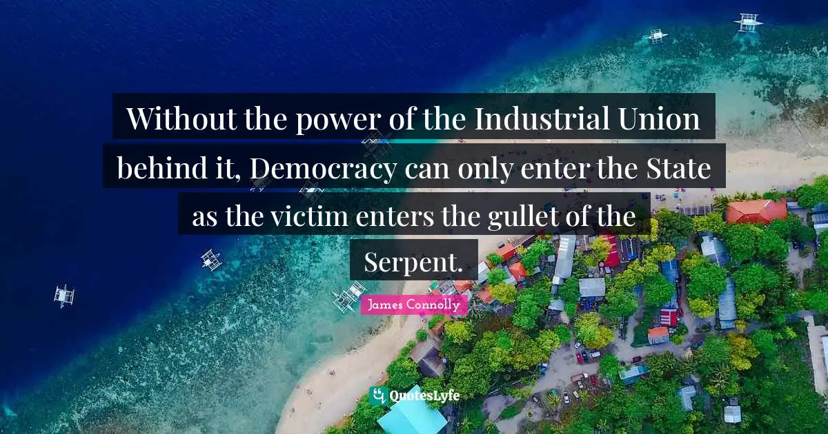 James Connolly Quotes: "Without the power of the Industrial Union behind it, Democracy can only enter the State as the victim enters the gullet of the Serpent."