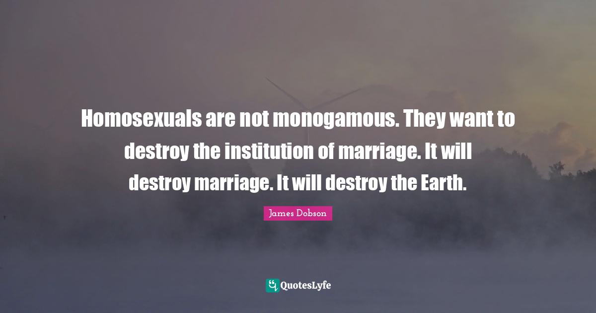 Homosexuals are not monogamous. They want to destroy the institution of marriage. It will destroy marriage. It will destroy the Earth.