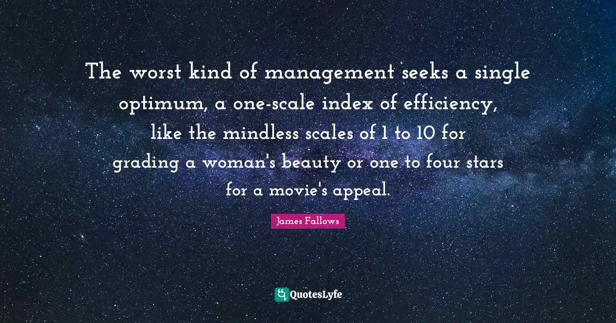 The worst kind of management seeks a single optimum, a one-scale index of efficiency, like the mindless scales of 1 to 10 for grading a woman's beauty or one to four stars for a movie's appeal.