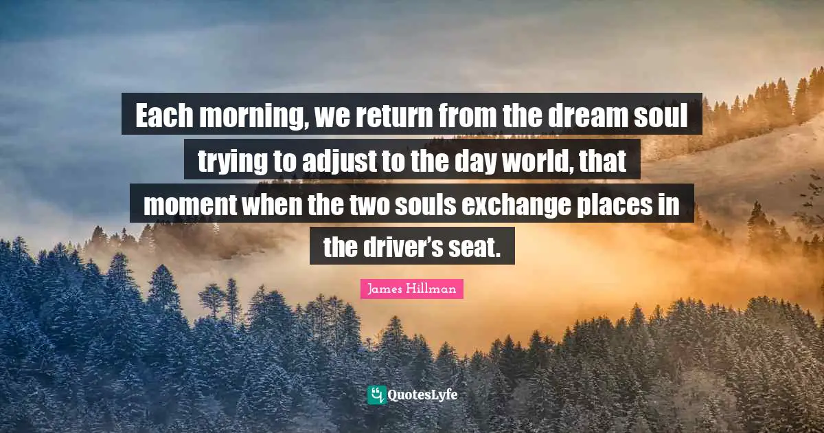 James Hillman Quotes: "Each morning, we return from the dream soul trying to adjust to the day world, that moment when the two souls exchange places in the driver’s seat."