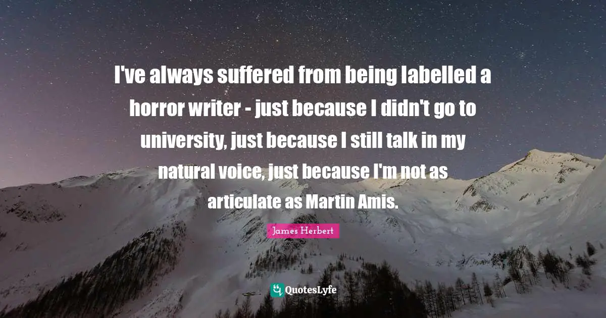 I've always suffered from being labelled a horror writer - just because I didn't go to university, just because I still talk in my natural voice, just because I'm not as articulate as Martin Amis.