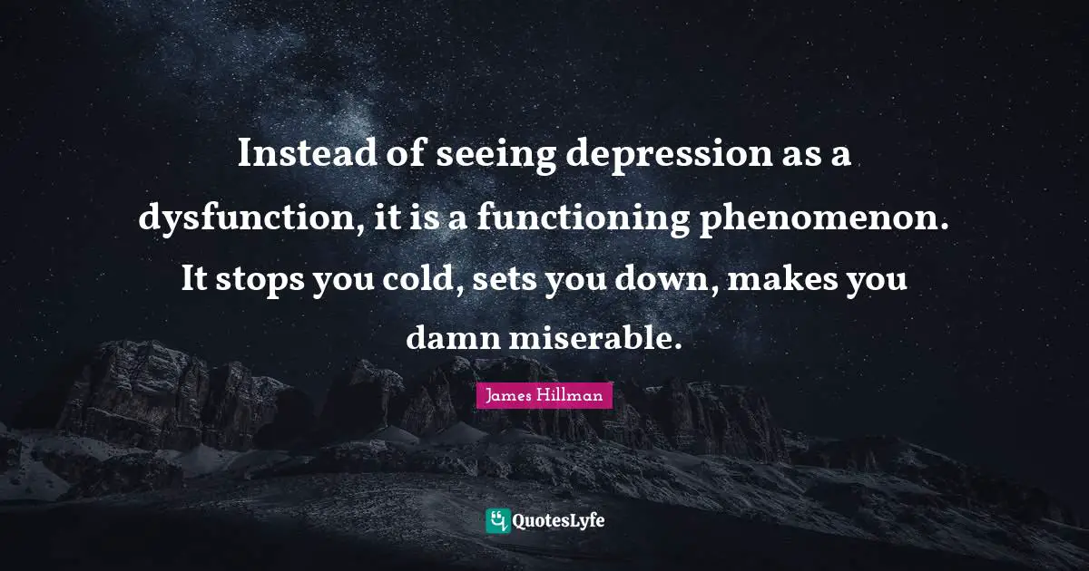 James Hillman Quotes: "Instead of seeing depression as a dysfunction, it is a functioning phenomenon. It stops you cold, sets you down, makes you damn miserable."