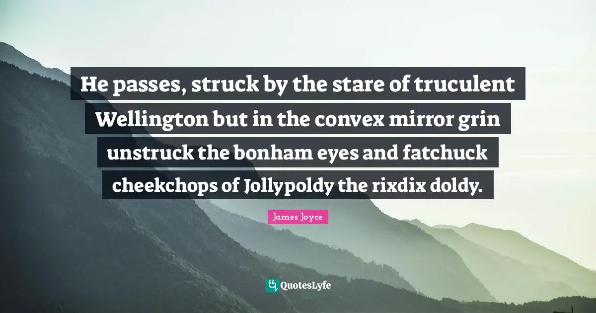 He passes, struck by the stare of truculent Wellington but in the convex mirror grin unstruck the bonham eyes and fatchuck cheekchops of Jollypoldy the rixdix doldy.