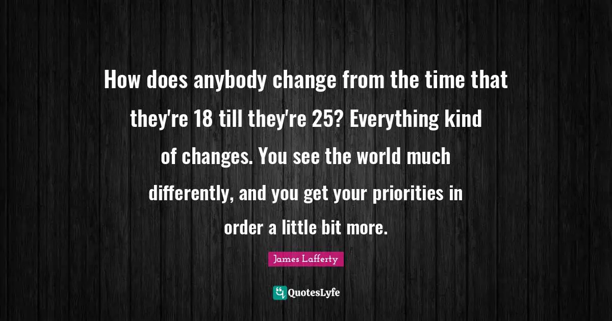 James Lafferty Quotes: "How does anybody change from the time that they're 18 till they're 25? Everything kind of changes. You see the world much differently, and you get your priorities in order a little bit more."
