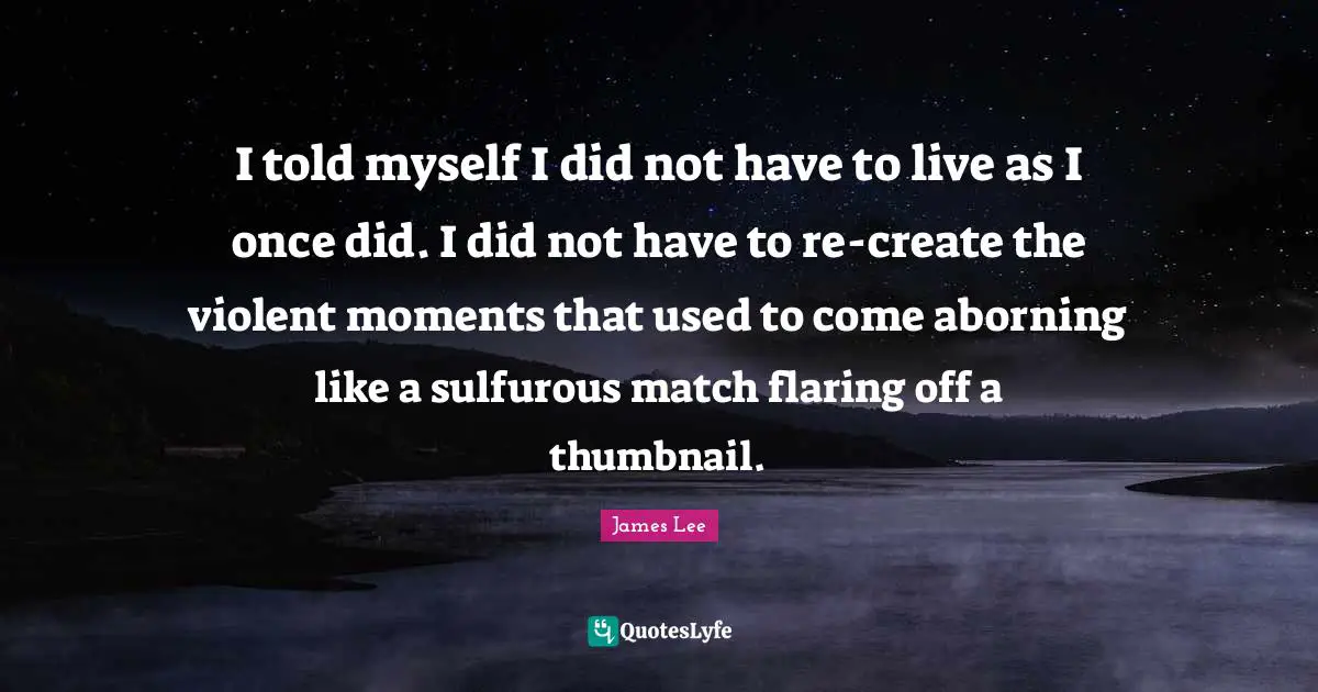 I told myself I did not have to live as I once did. I did not have to re-create the violent moments that used to come aborning like a sulfurous match flaring off a thumbnail.