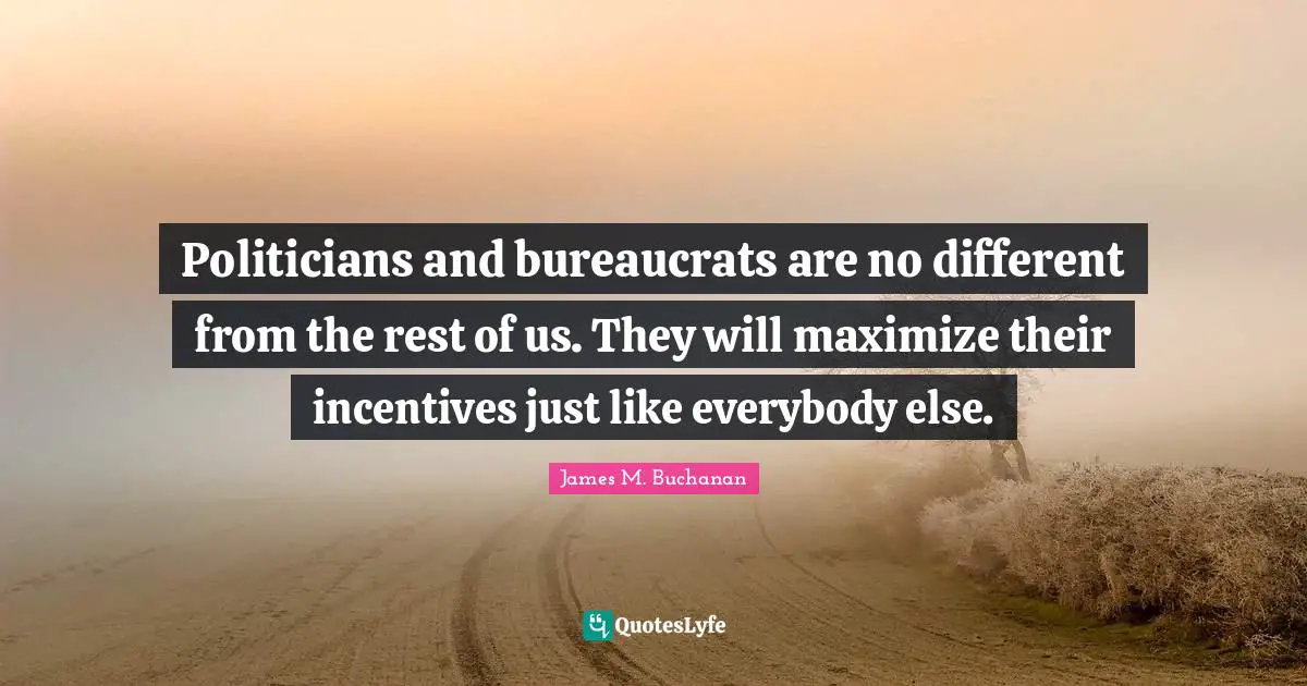 Politicians and bureaucrats are no different from the rest of us. They will maximize their incentives just like everybody else.
