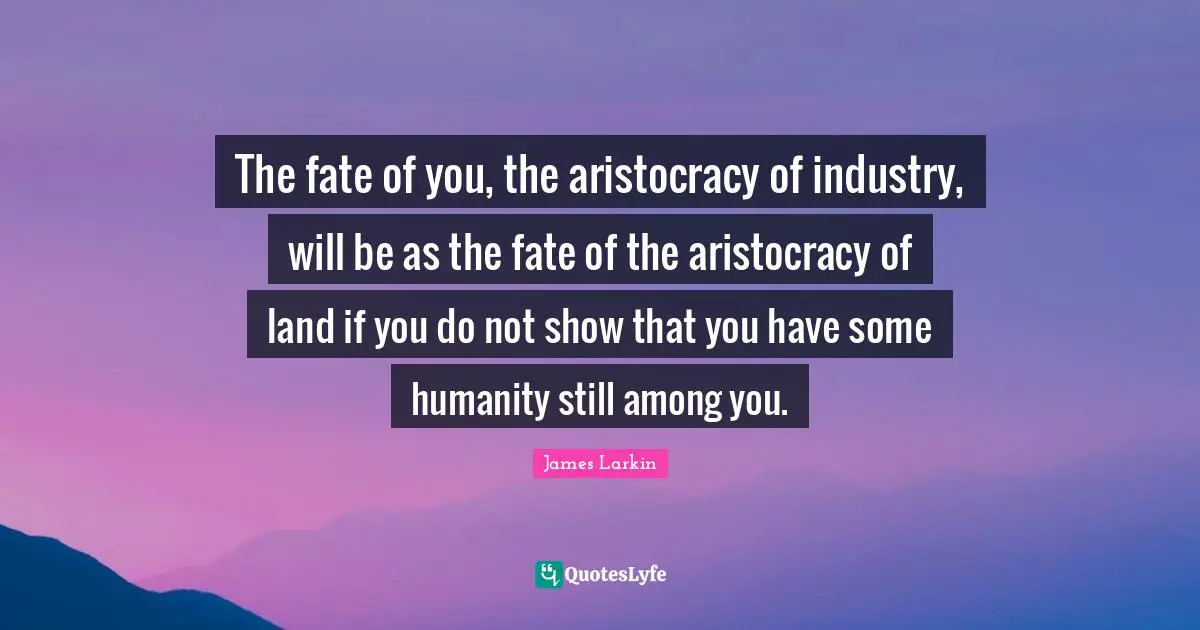 The fate of you, the aristocracy of industry, will be as the fate of the aristocracy of land if you do not show that you have some humanity still among you.