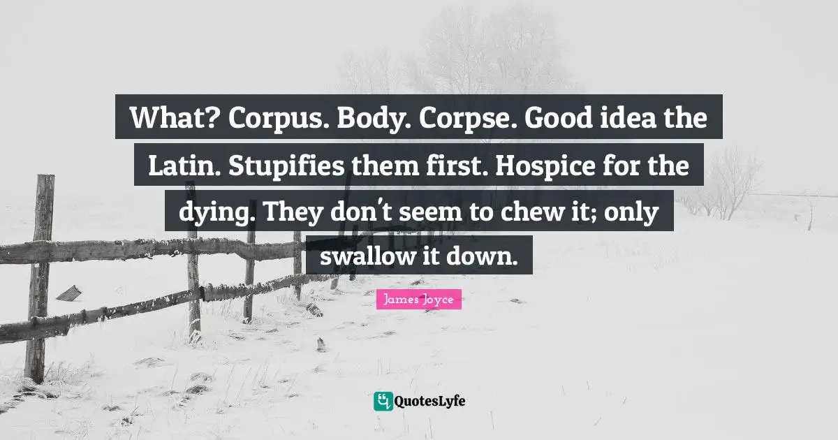 What? Corpus. Body. Corpse. Good idea the Latin. Stupifies them first. Hospice for the dying. They don't seem to chew it; only swallow it down.
