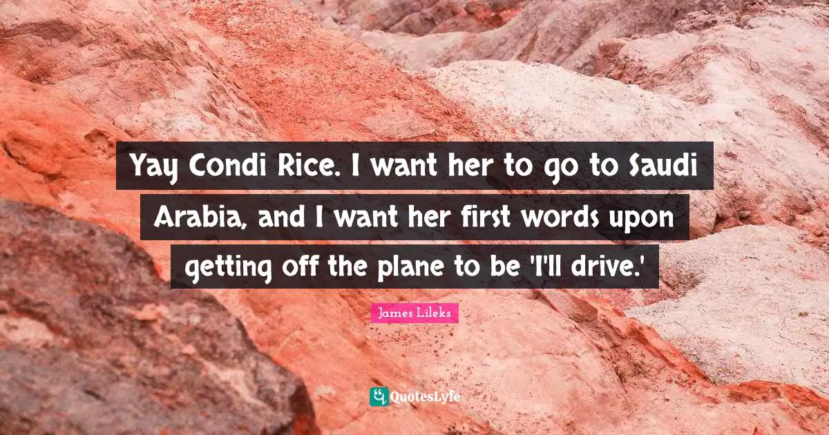 Yay Condi Rice. I want her to go to Saudi Arabia, and I want her first words upon getting off the plane to be 'I'll drive.'