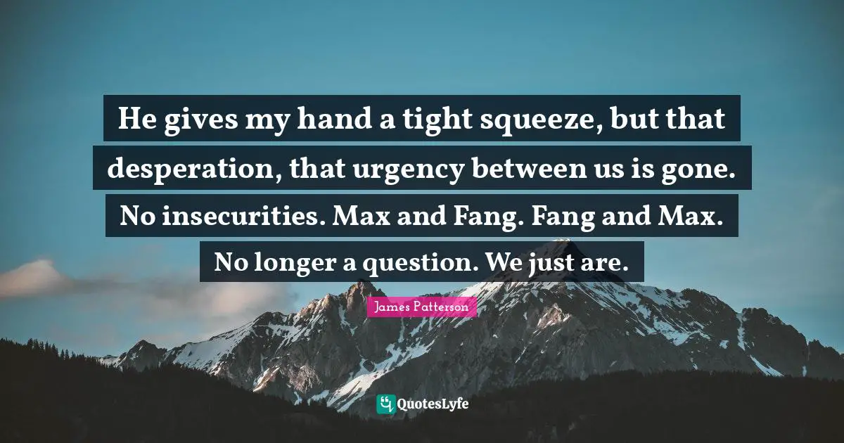 He gives my hand a tight squeeze, but that desperation, that urgency between us is gone. No insecurities. Max and Fang. Fang and Max. No longer a question. We just are.