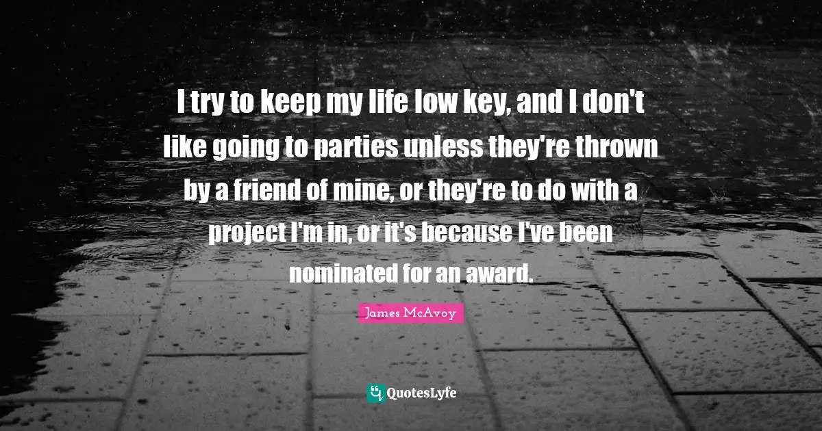 I try to keep my life low key, and I don't like going to parties unless they're thrown by a friend of mine, or they're to do with a project I'm in, or it's because I've been nominated for an award.