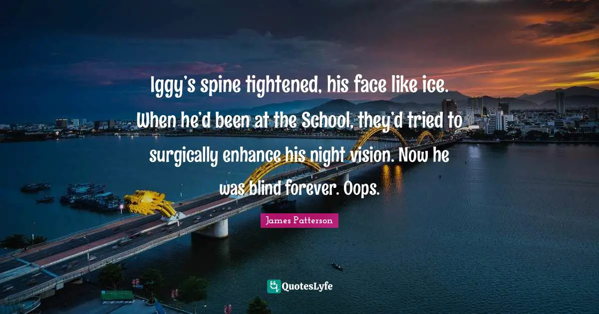 Iggy’s spine tightened, his face like ice. When he’d been at the School, they’d tried to surgically enhance his night vision. Now he was blind forever. Oops.