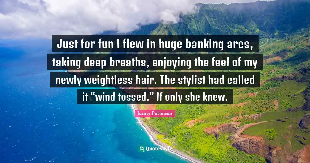 Just for fun I flew in huge banking arcs, taking deep breaths, enjoying the feel of my newly weightless hair. The stylist had called it “wind tossed.” If only she knew.
