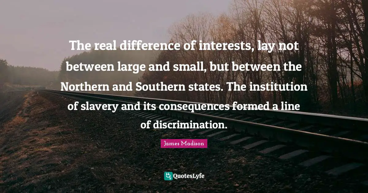 The real difference of interests, lay not between large and small, but between the Northern and Southern states. The institution of slavery and its consequences formed a line of discrimination.