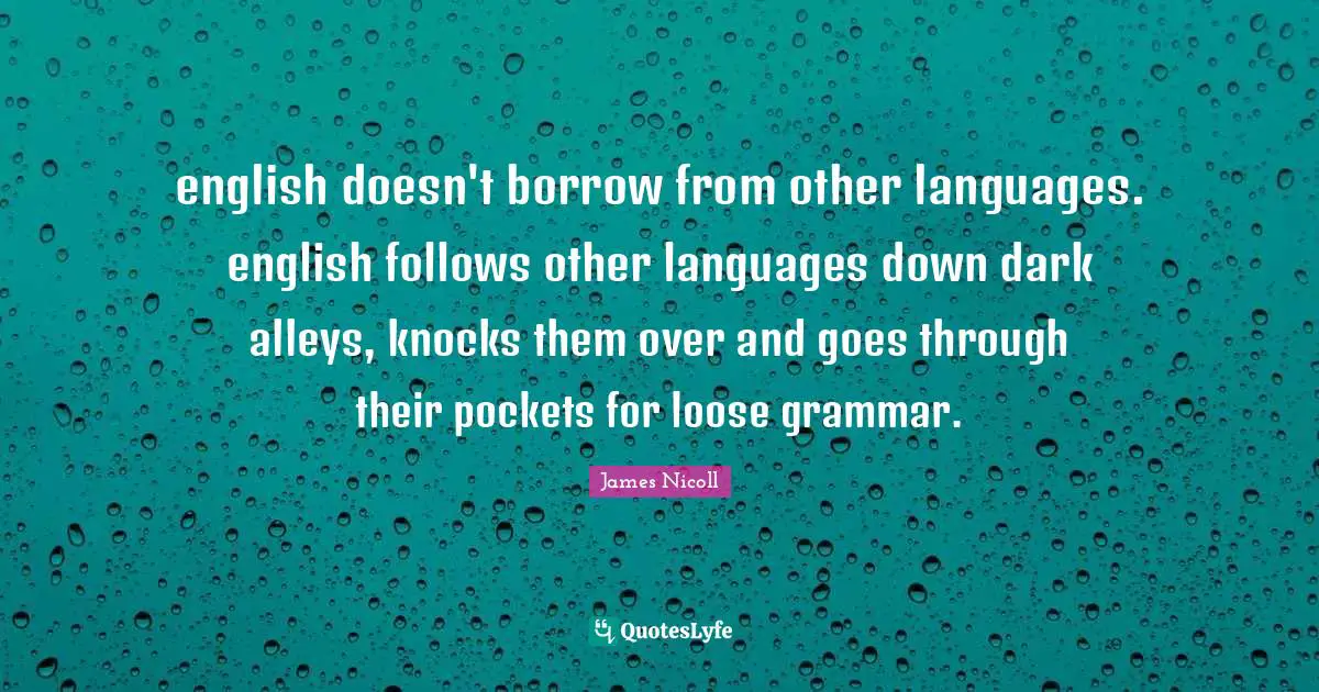 english doesn't borrow from other languages. english follows other languages down dark alleys, knocks them over and goes through their pockets for loose grammar.