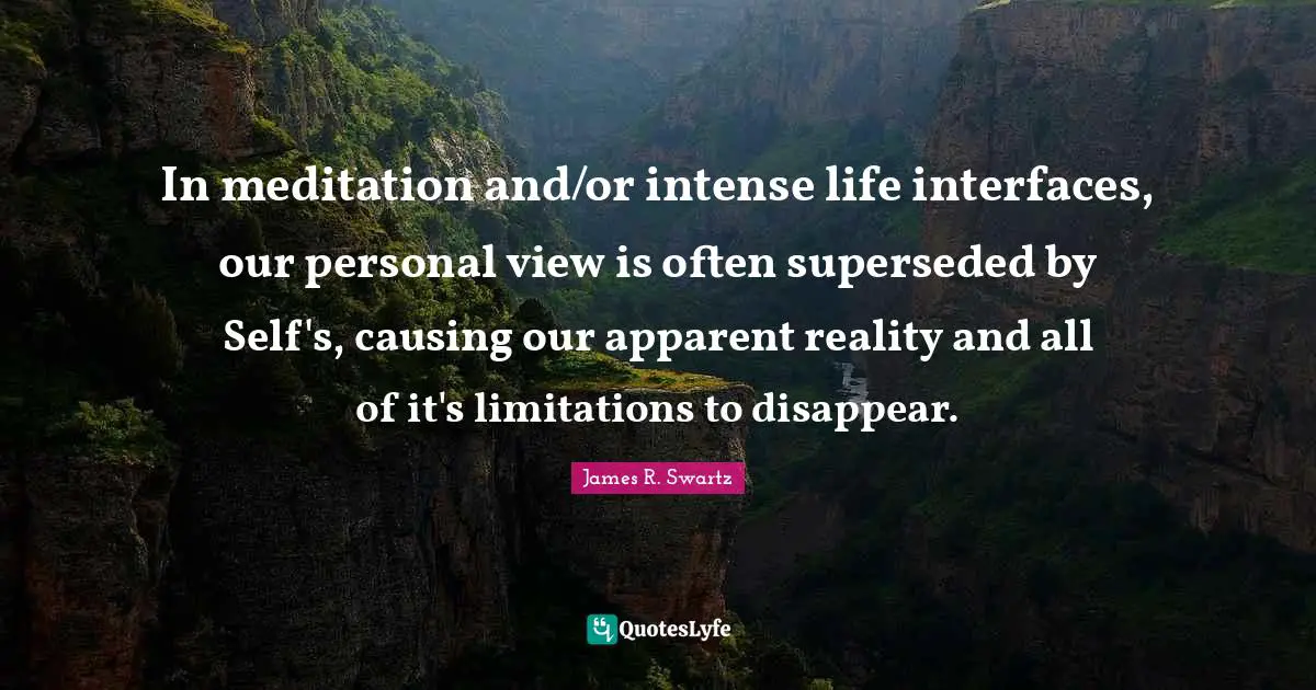 Interfaces Quotes: "In meditation and/or intense life interfaces, our personal view is often superseded by Self's, causing our apparent reality and all of it's limitations to disappear."