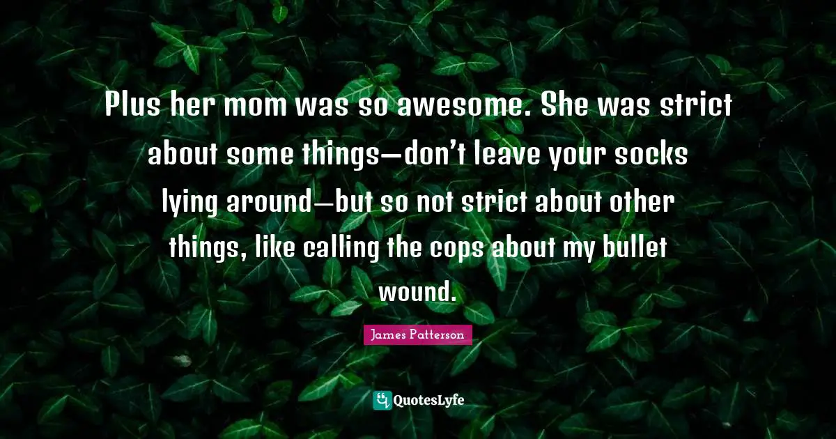 Plus her mom was so awesome. She was strict about some things—don’t leave your socks lying around—but so not strict about other things, like calling the cops about my bullet wound.
