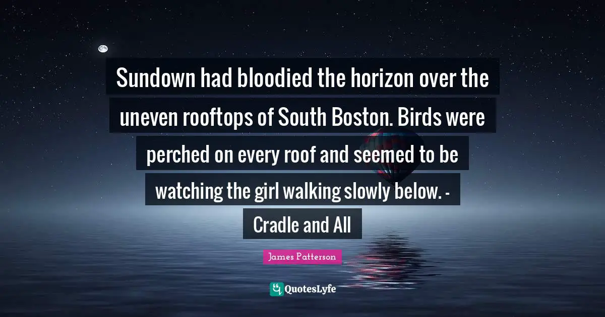 Boston Quotes: "Sundown had bloodied the horizon over the uneven rooftops of South Boston. Birds were perched on every roof and seemed to be watching the girl walking slowly below. - Cradle and All"