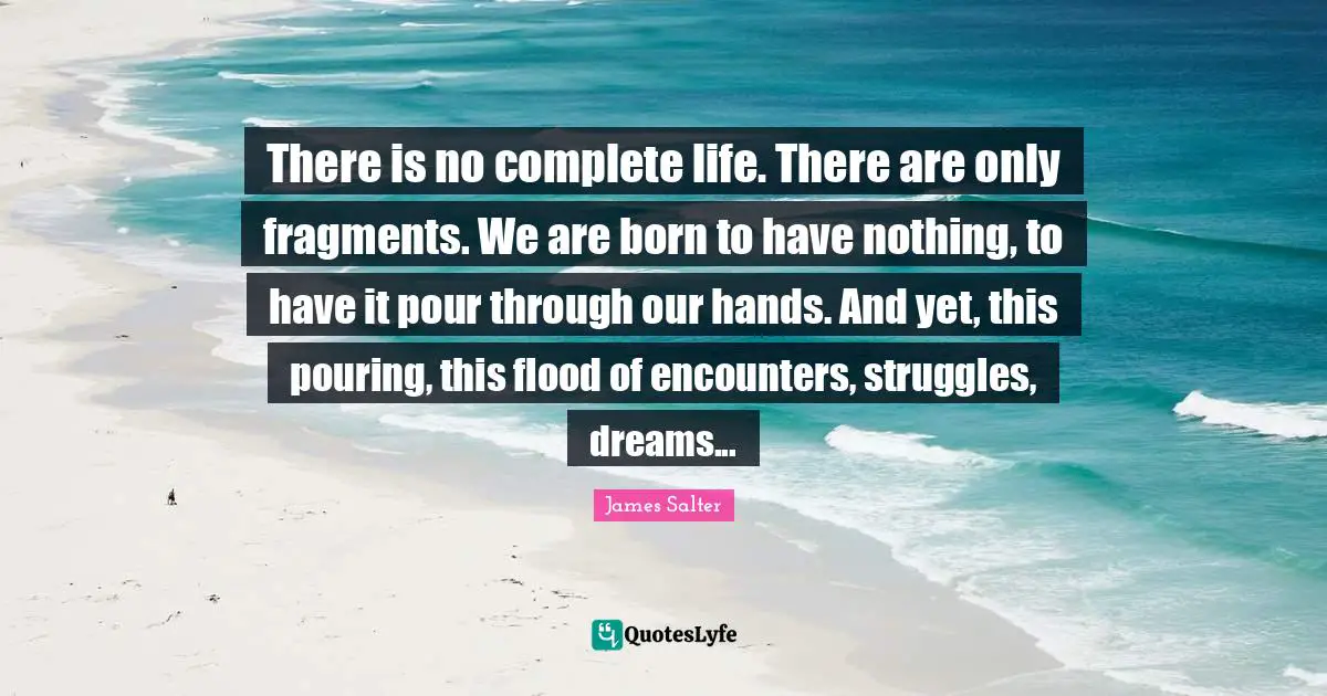 There is no complete life. There are only fragments. We are born to have nothing, to have it pour through our hands. And yet, this pouring, this flood of encounters, struggles, dreams...