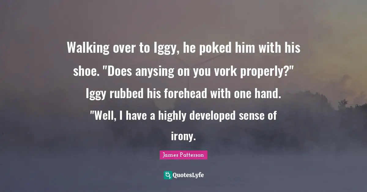 Walking over to Iggy, he poked him with his shoe. "Does anysing on you vork properly?" Iggy rubbed his forehead with one hand. "Well, I have a highly developed sense of irony.